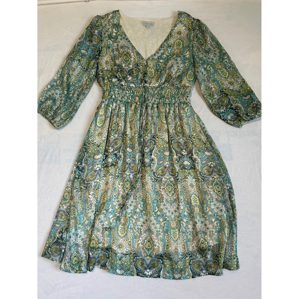 Chenault Womens Paisley V-Neck Smocked Waist Metallic Thread Dress Green Medium